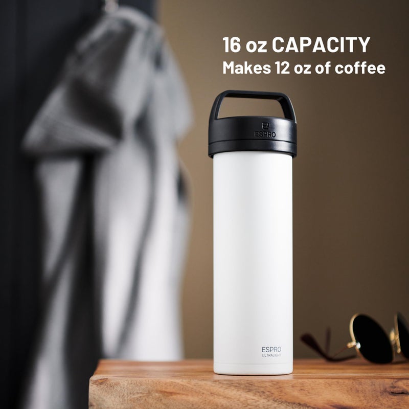 ESPRO P0 Ultralight French Press Coffee Maker for Travel, Vacuum Insulated Stainless Steel, 16 Ounces, Chalk White - Image 2